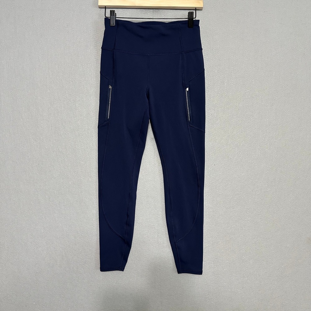Athleta Rainier Navy Blue Fleece Lined Leggings Small Zip Pockets Running